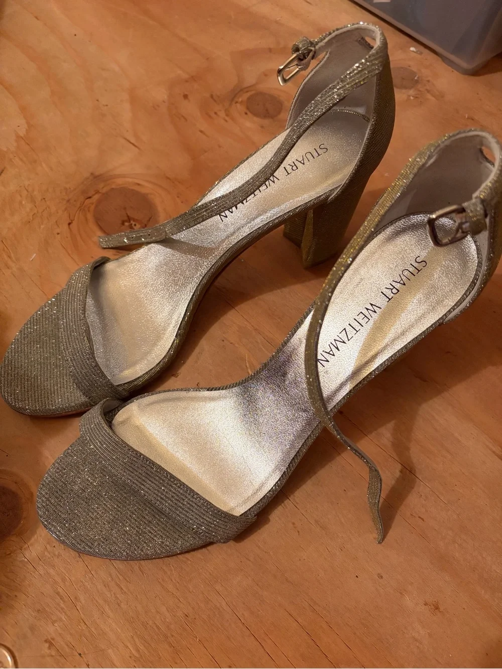 Stuart Weitzman Gold Glitter Block Heel Ankle-Strap Sandals
